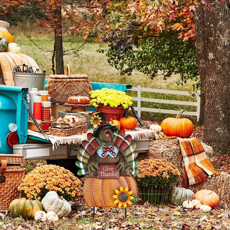 hogardeck Fall Decorations for Home Outdoor, Metal Turkey Decorative Garden Stakes with Pumpkin Sunflower for Fall Decor, Yard Signs for Garden Home Lawn Patio Thanksgiving Decorations - Image 5